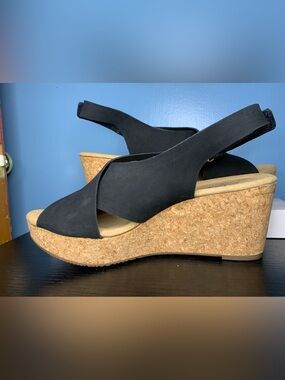 Clarks Black Suede Crisscross Wedge Slingback Sandals